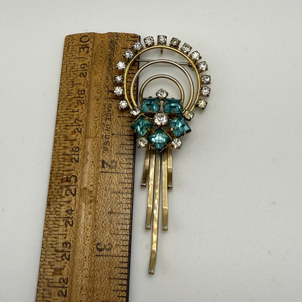 Art Deco Brooch Pendant 40s 50s Women OS Gold Teal Rhinestone Good Vintage - Picture 10 of 11